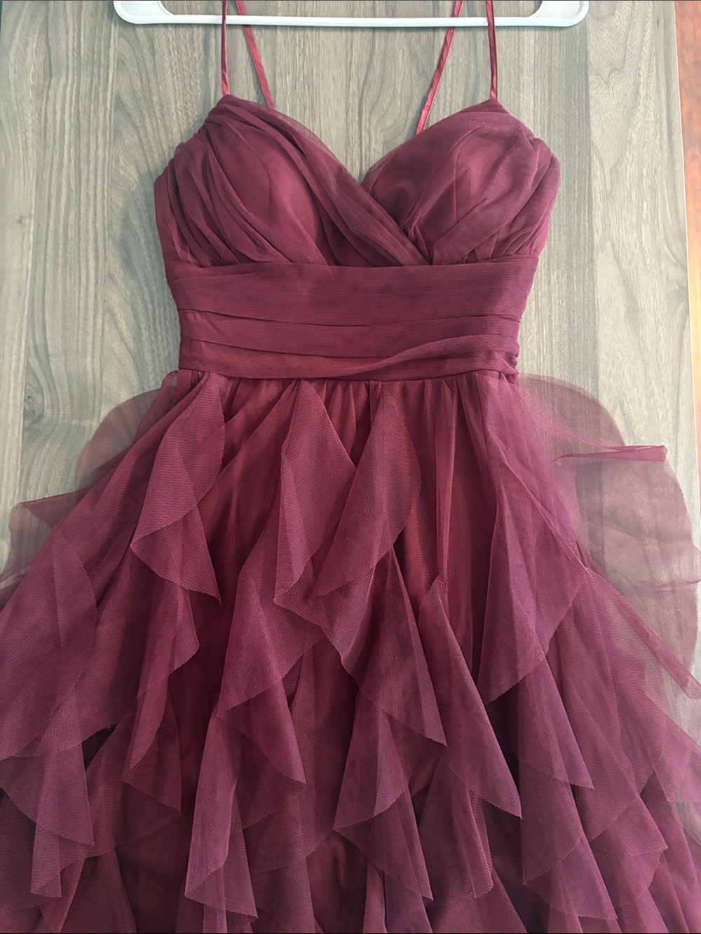 Burgundy Spaghetti Strap Ruffle Tulle Cocktail Dress